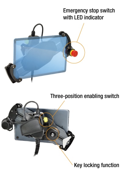 Emergency stop switch with LED indicator,<br>three-position enabling switch, &<br>key locking function